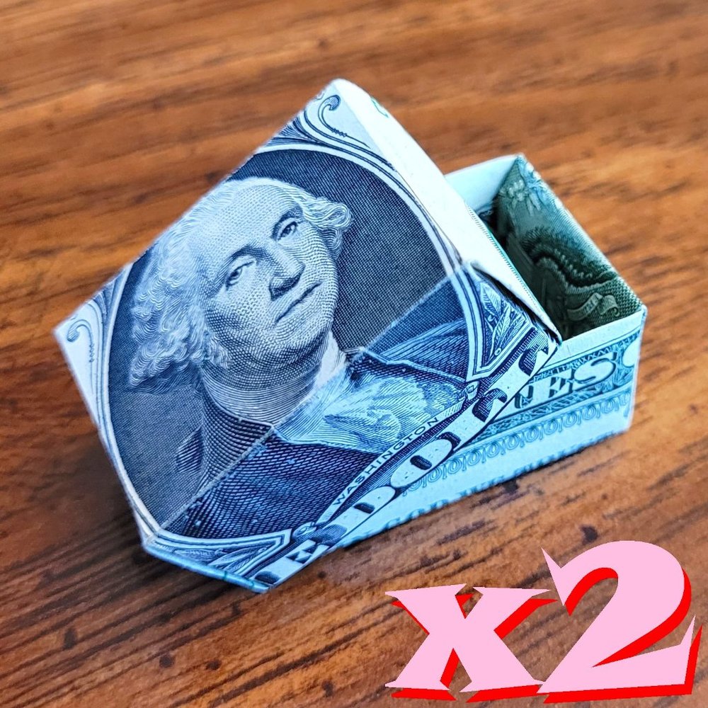 TWO ORIGAMI BOXES & LIDS - Handmade DOLLAR Gift Art $1 Bills, New, Uncirculated